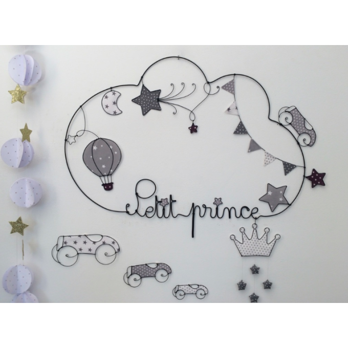 Prénom Fil de Fer fanions petit prince, voiture, montgolfière, étoiles, lune