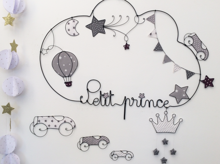 Prénom Fil de Fer fanions petit prince, voiture, montgolfière, étoiles, lune