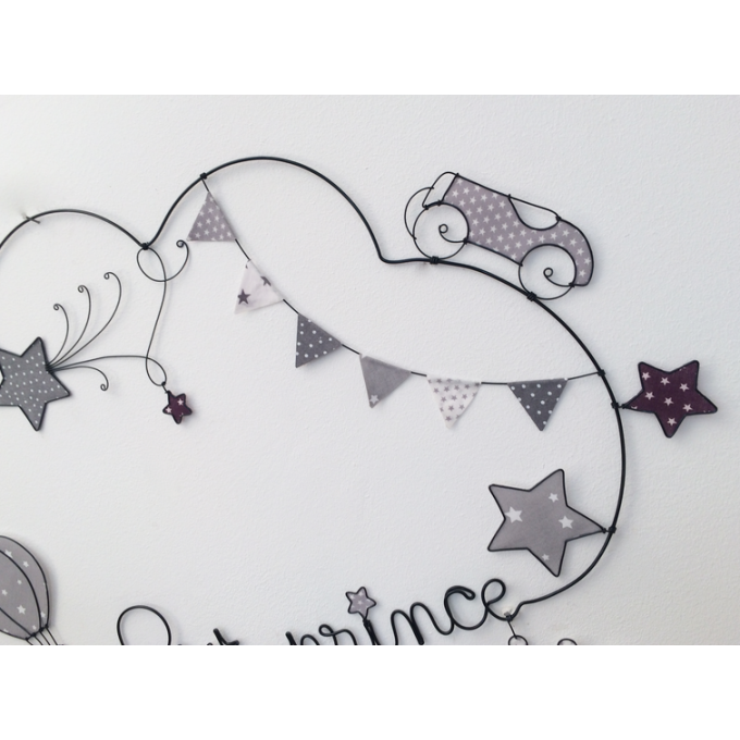 Prénom Fil de Fer fanions petit prince, voiture, montgolfière, étoiles, lune 