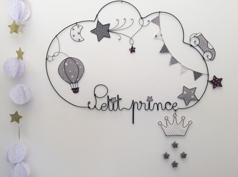 Prénom Fil de Fer fanions petit prince, voiture, montgolfière, étoiles, lune 