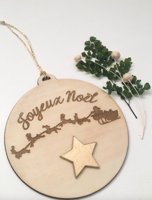 Boule de noël en bois Joyeux Noël traineau étoile or