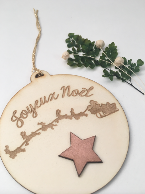 Boule de noël en bois Joyeux Noël traineau étoile 