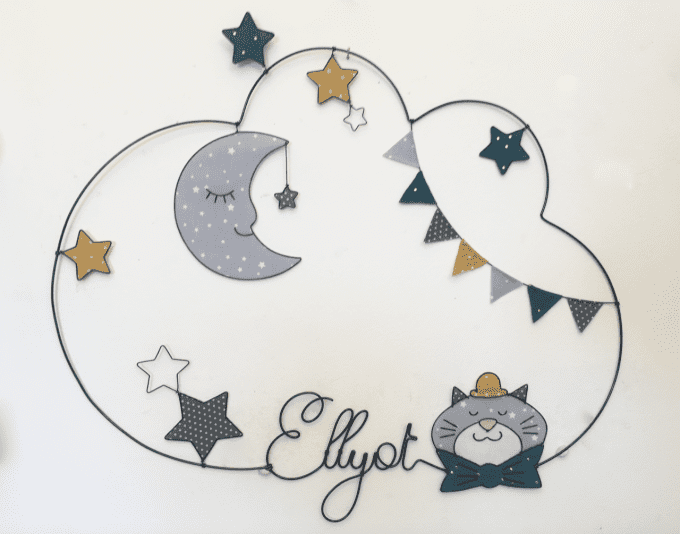 Prénom Fil chat, lune étoiles, fanions