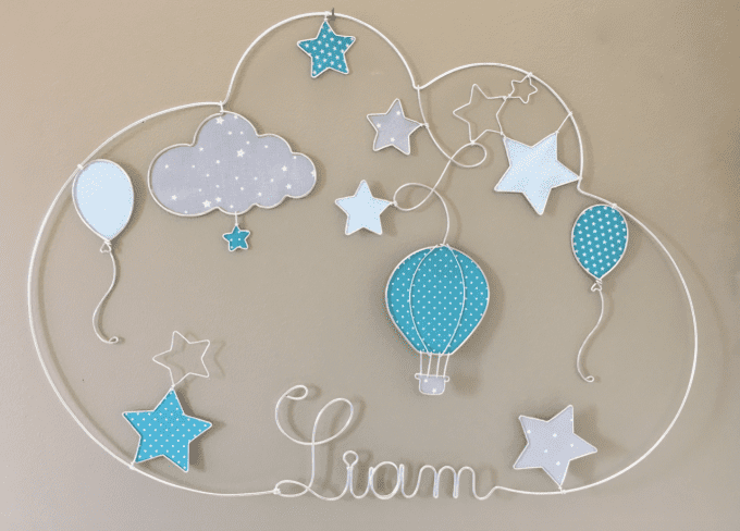 Prénom Fil de fer montgolfière, nuage, ballons, étoiles